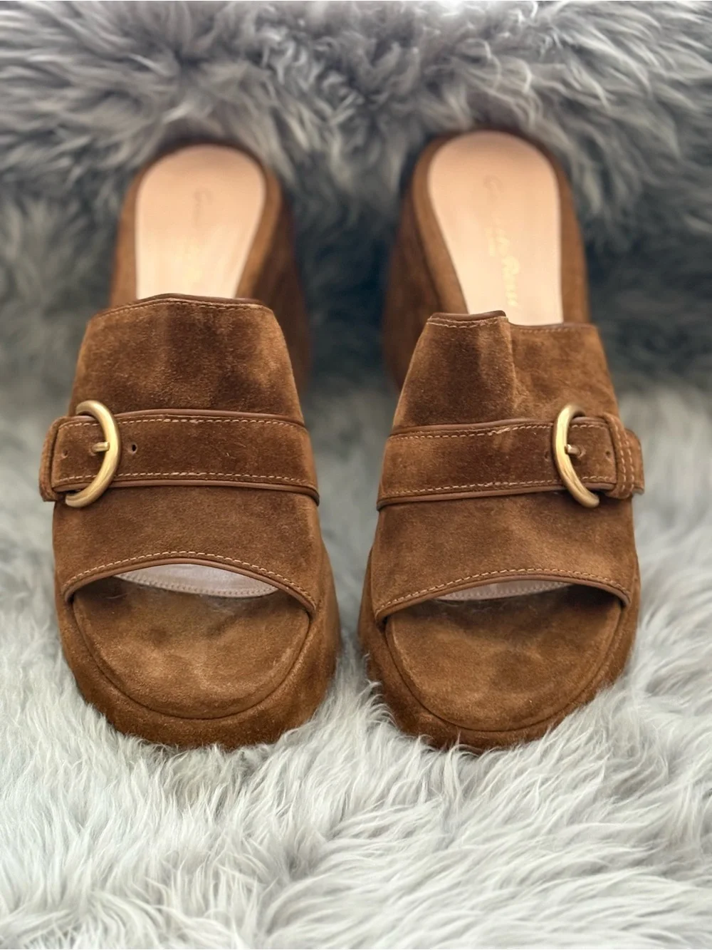 Gianvito Rossi Brown Suede Platform Mule Slides with Gold Buckle